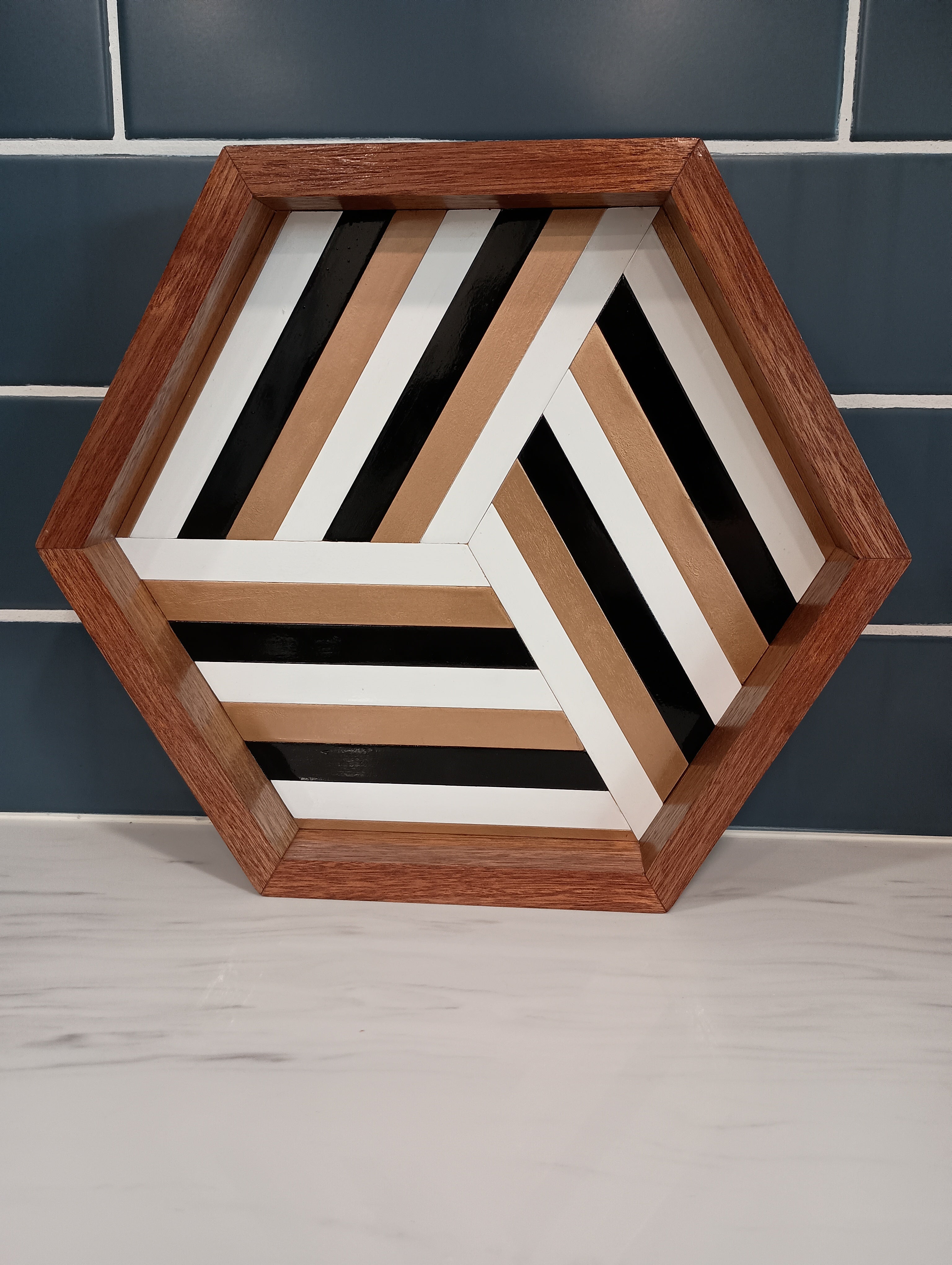 Hexagon Reclaimed Wood Tray - Mahogany Frame